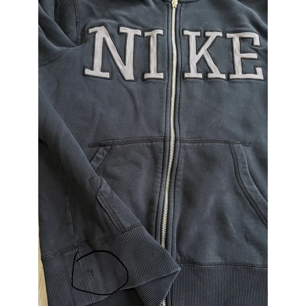 Nike Hoodie Mens Medium Black Full Zip Sweatshirt Logo 446576 Fleece Lined Y2k